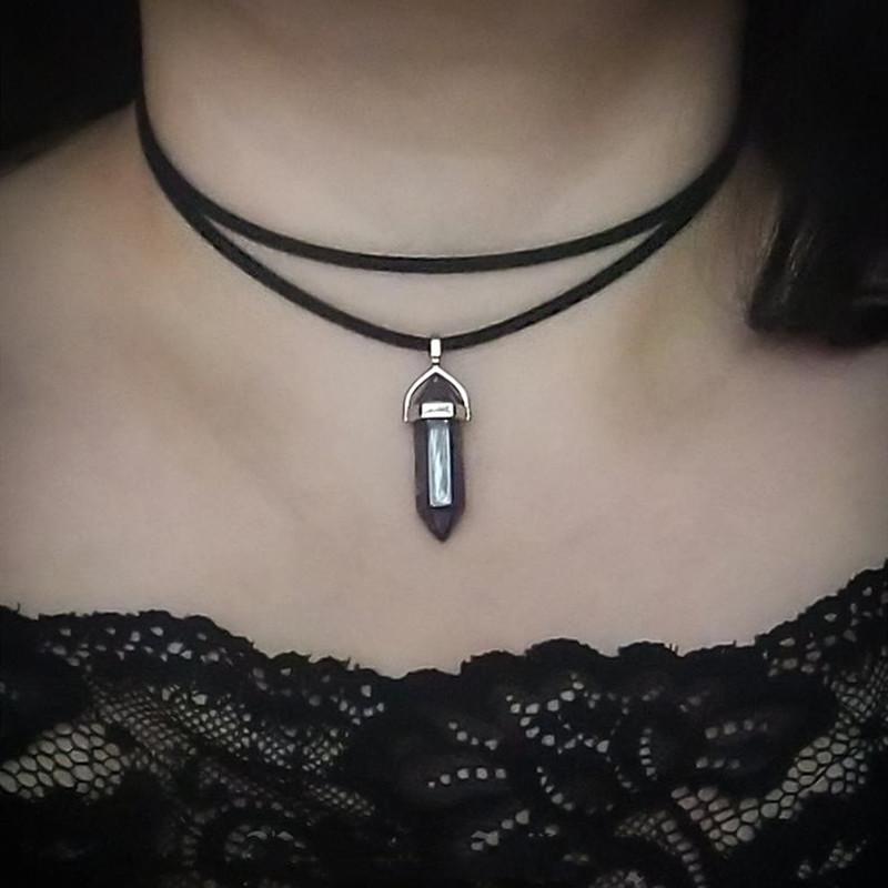 

Pendant Necklaces Double Choker With Hexagonal Column Crystal Pillar Necklace Wrap Black Chain PendantPendant
