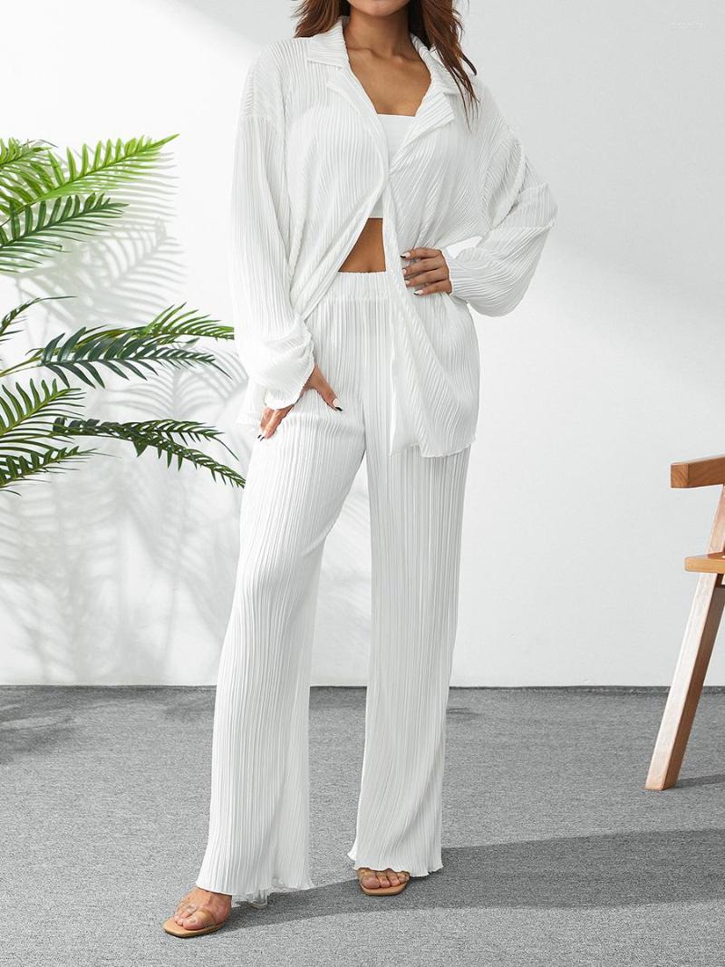 

Women' Two Piece Pants Wide Leg Sets Women 2 Outfits Casual Long Sleeve Button Down Shirt Linen Fashion Streetwear Y2k, Black