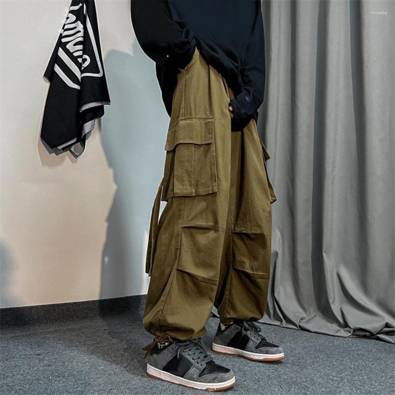 

Men's Pants Men Cargo Straight Leg Solid Multiple Pockets Drawstring Elastic Waist Match Ankle Banded Loose Fall Trousers, Black