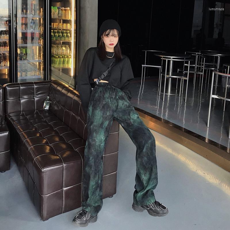

Women' Pants Casual Harajuku Autumn Vintage Tie-dye Korean Old Retro Wide-leg For Men And Women Elastic Loose High Waist, Black-green