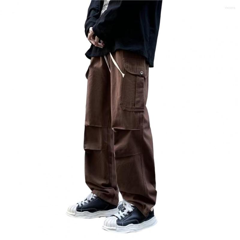 

Men' Pants Men Cargo Multiple Pockets Elastic Waist Wide Leg Straight Streetwear Spring Autumn Loose Drawstring Joggers, Black