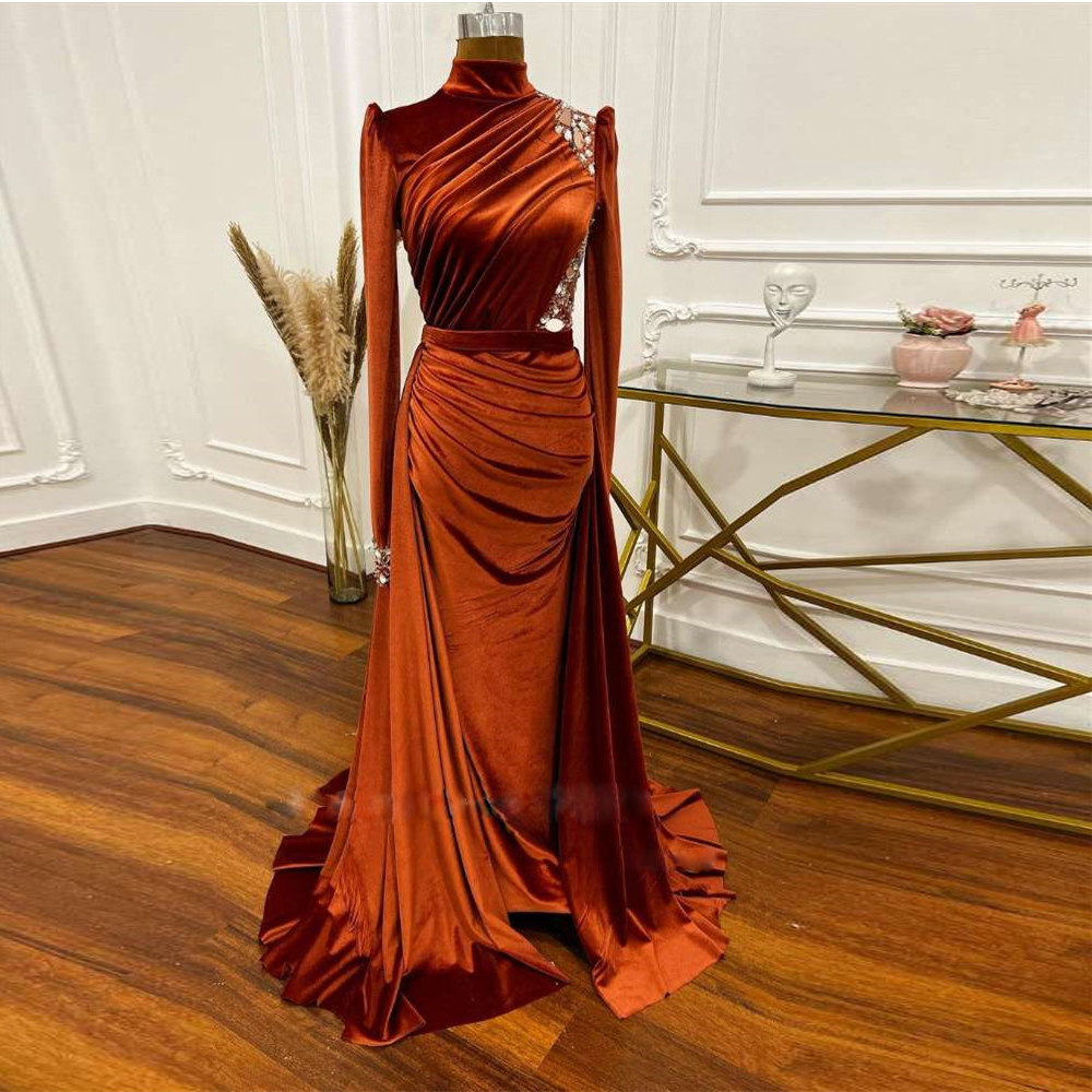 

Orange Velvet Evening Dresses Detachable Train Bead Ruched Formal Gown High Collar Arabic Dubai Muslim Evening Gown, Lavender