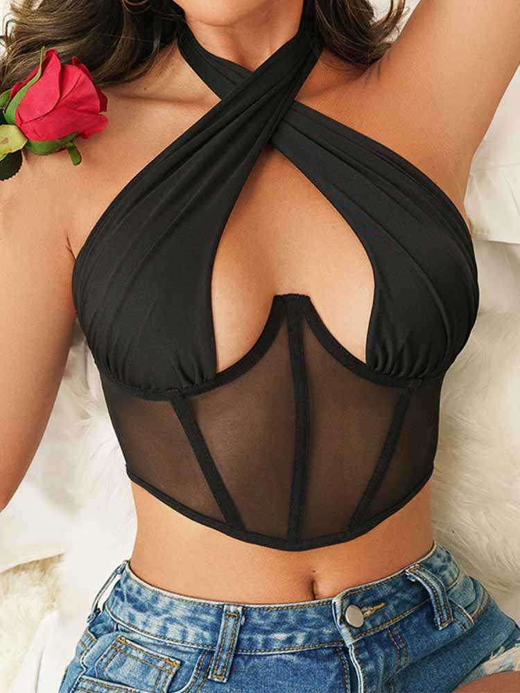 

Women's Tanks Camis Sexy Cross Halter Corset Bustier Mesh Bone Tank Tops Women Tie Up Wrap Tube Tops Backless Slim Fit Cut Out Front Tops Y2302, White