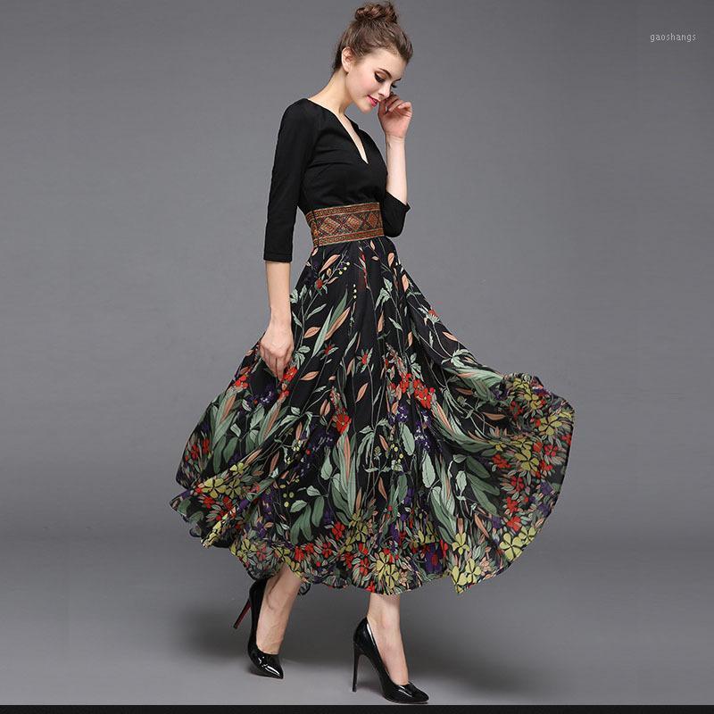 

Casual Dresses Arrival Women' Sexy V Neck 3/4 Sleeves Printed Patchwork A Line Elegant Designer Fashion1, Multi