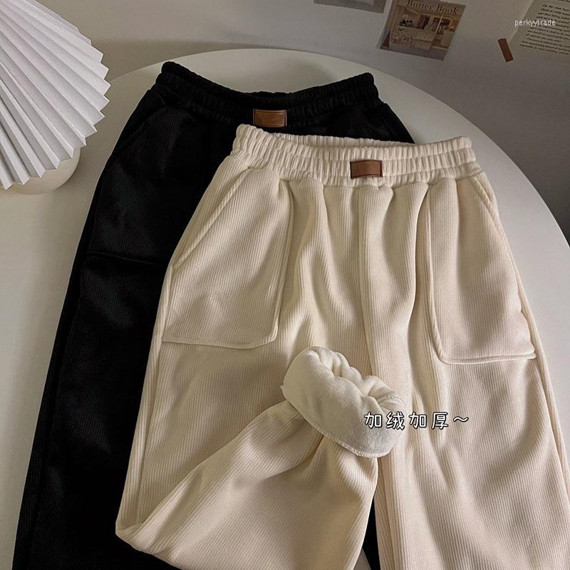 

Women's Pants Solid Casual Fleece Thick Warm Winter Women's Elastic High Waist Ankle-Length Wide Leg Straight For Women, Black