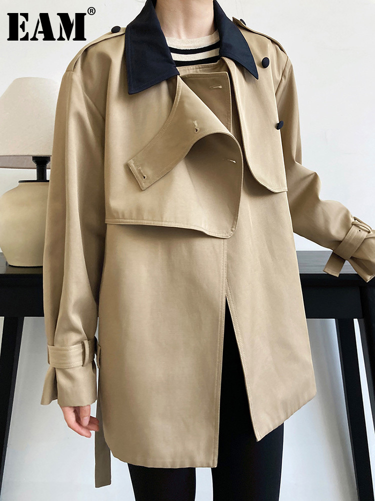 

Women's Jackets EAM Loose Fit Khaki Colorblock Big Size Jacket Lapel Long Sleeve Women Coat Fashion Spring Autumn 2023 1DF09 230202