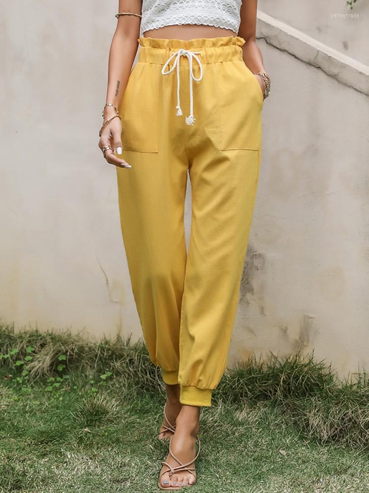 

Women' Pants Summer Office Ladies Casual Loose Sweatpants Trousers Solid Color Drawstring Lace Up High Waist Pocket Tie Feet Harem, Yellow