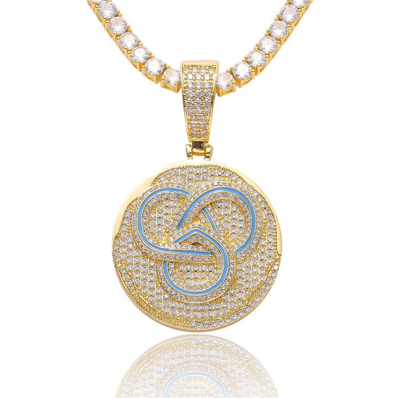

Iced Out Zircon Diamond Round Pendant Necklace Gold Silver Plated with Rope Chain