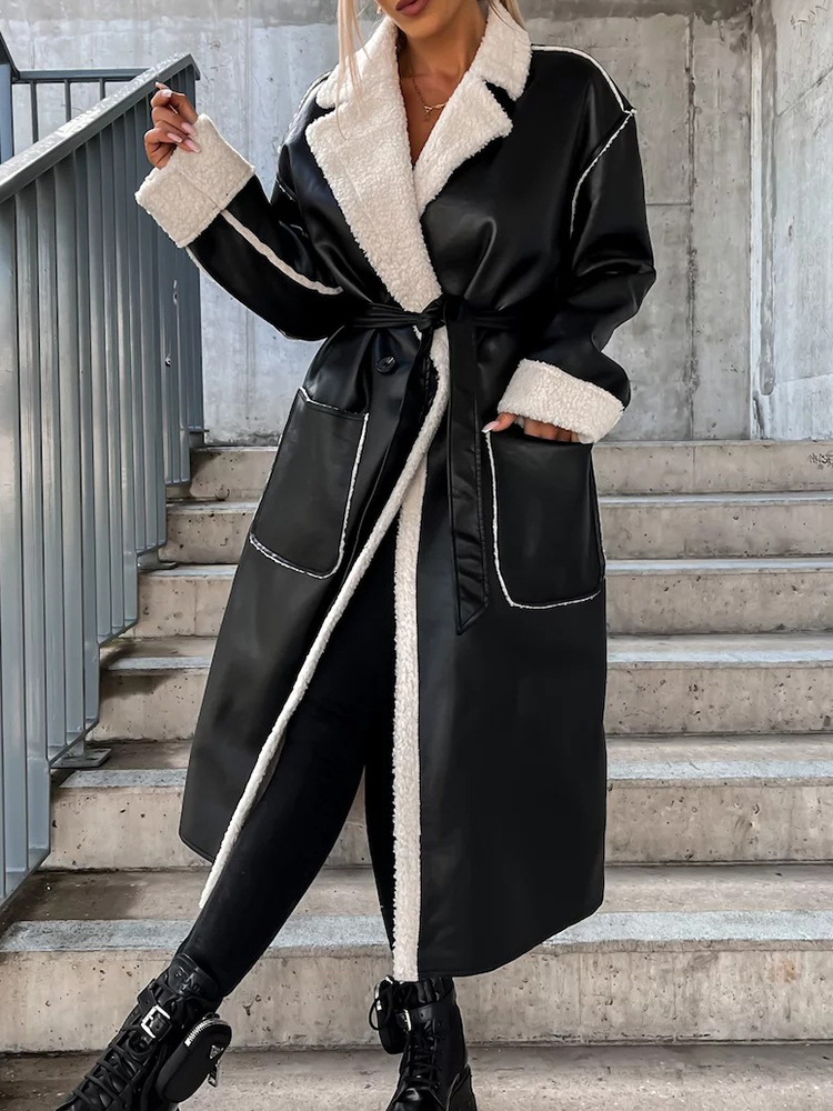 

Women' Jackets TurnDown Collar PU Leather Women Long Jacket Autumn Winter Thick Warm Outerwear Solid Belt Streetwear Coats Drop 230202, 02 black