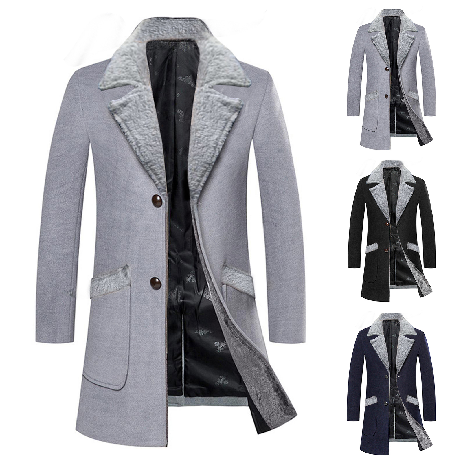 

Men's Trench Coats Fashion Men Autumn Winter British Large Size Streetwear Overcoat Fur Collar Male Woolen Outwear Cardigan 230202, Navy blue