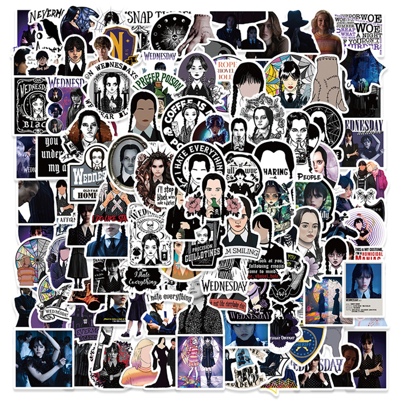 

120PCS Wednesday Addams Stickers American TV Series Graffiti Stickers for DIY Laptop Skateboard Motorcycle Decals, Multi colors