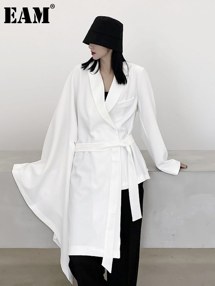 

Women's Jackets EAM Loose Fit White Irregular Big Size Casual Jacket Lapel Long Sleeve Women Coat Fashion Spring Autumn 2023 1D108 230202