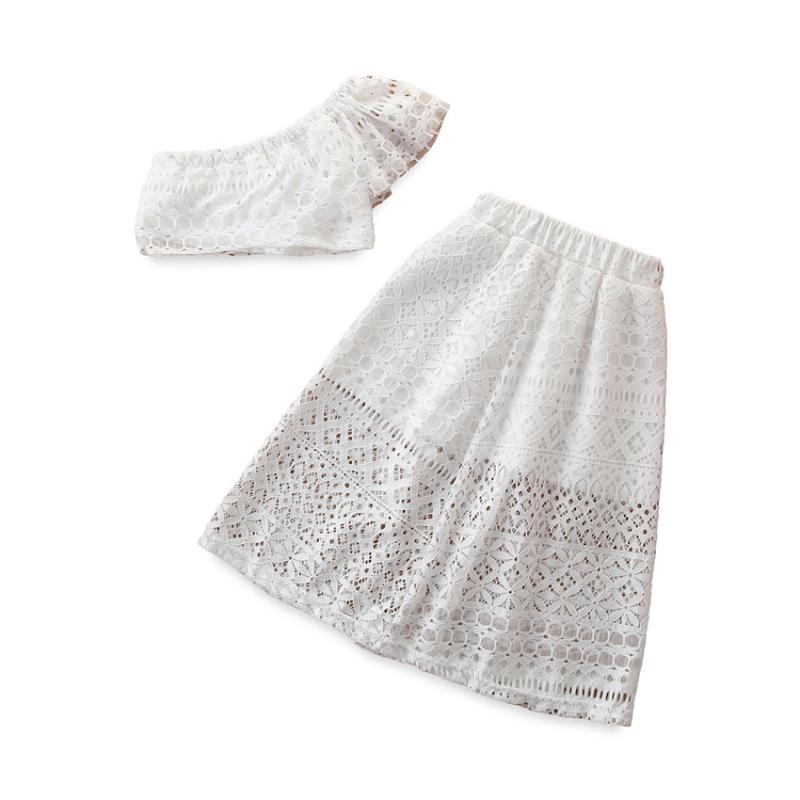 

Clothing Sets Summer Girls Fashion Lace Middle And Small Children One-Shoulder Short Top Skirt Sweet Clothes, As pictures