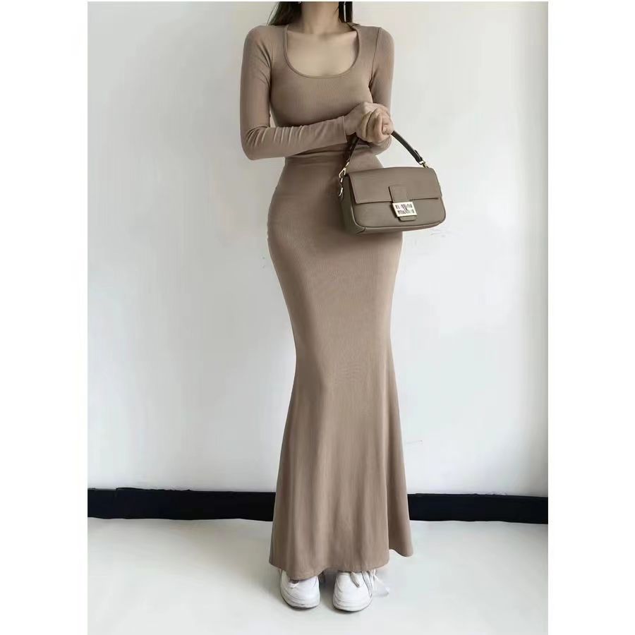 

Skims Dresses OP08 Flat autumn pure Desire Spice Girl slim-fit show slimming package buttock black scruff long-sleeved dress women' long skirt, Customize