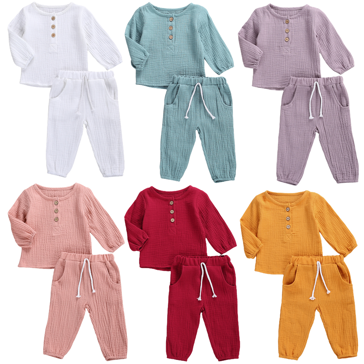 

Clothing Sets 05Y Infant Baby Cotton Linen Clothes Autumn Boys Girls Button Long Sleeve Tshirt TopLong Pants Solid 2pcs Outfits 230202