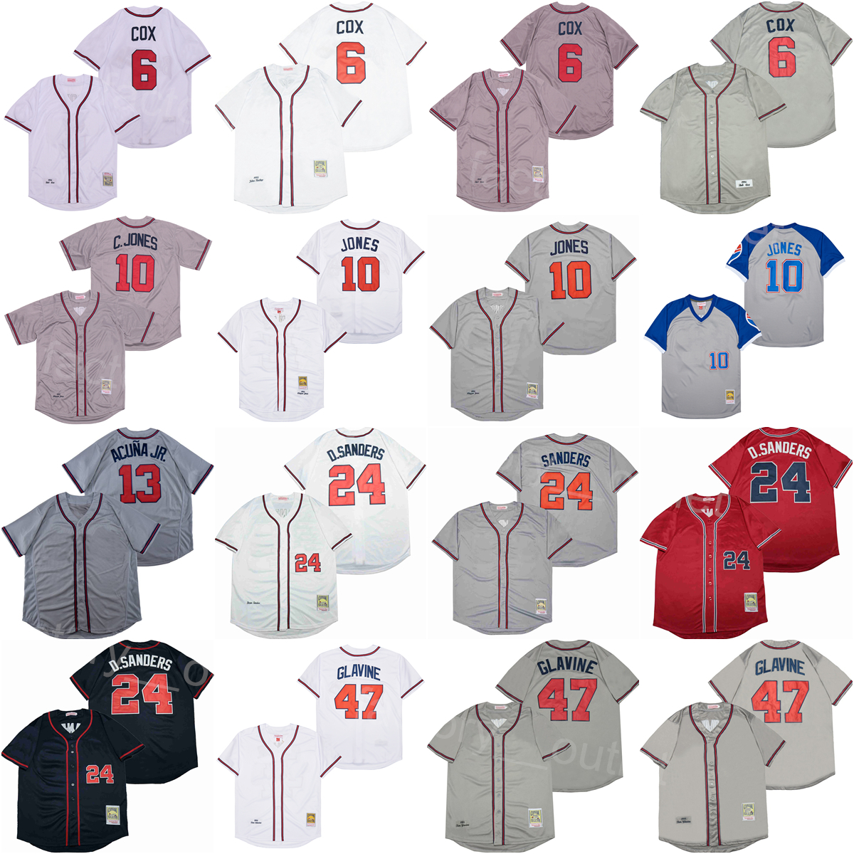 Retour 1995 1999 Vintage Baseball 10 Chipper Jones Jersey Retro 24 Deion Sanders 47 Tom Glavine 13 Ronald Acuna Jr Cousu Cool Base Pull Rouge Bla