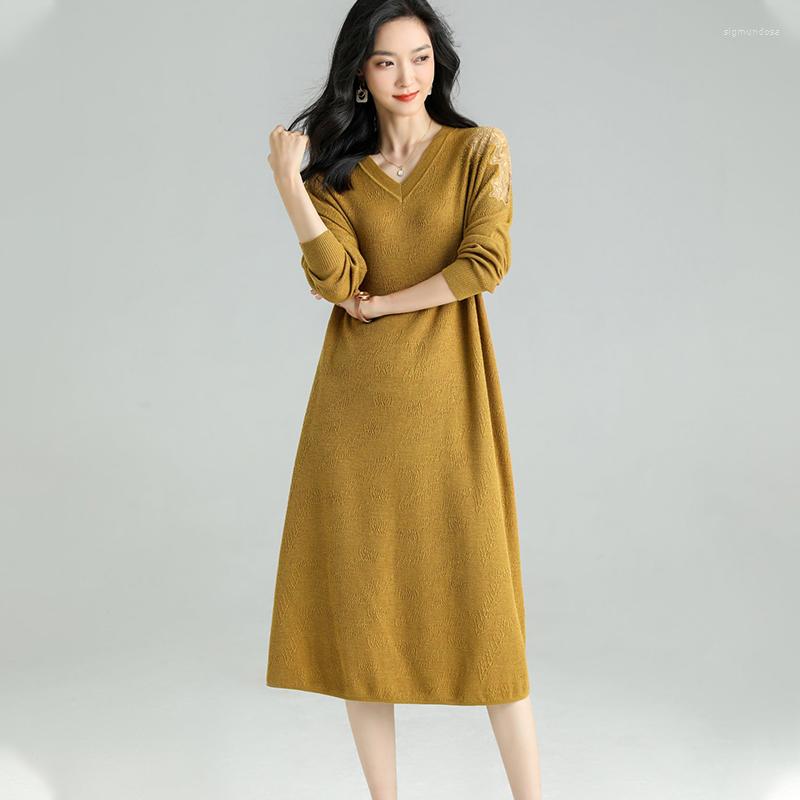 

Casual Dresses Women Loose Sweater Dress 2023 Autumn Winter Lady V-Neck Knitted Style Knitwear, Black