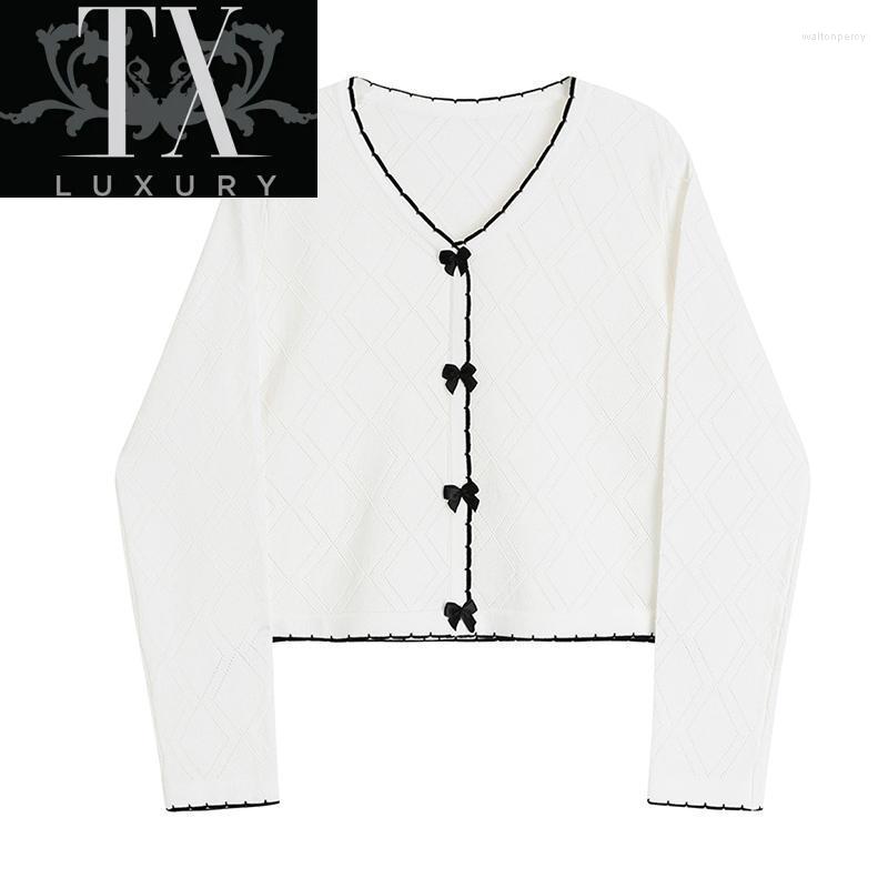 

Women's Knits & Tees Knitted Sweaters Short Women Korean Style V-neck Thin Pullover Fashion Long Sleeve Bow Decoration Top Ropa Mujer Autumn, White