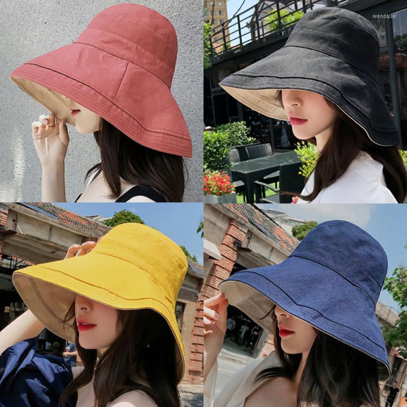 

Wide Brim Hats Double-sided Foldable Bucket Hat For Women Girls Summer Sun Fisherman Visor Cap Anti-UV Sunscreen Cotton CapsWide Wend22, Black