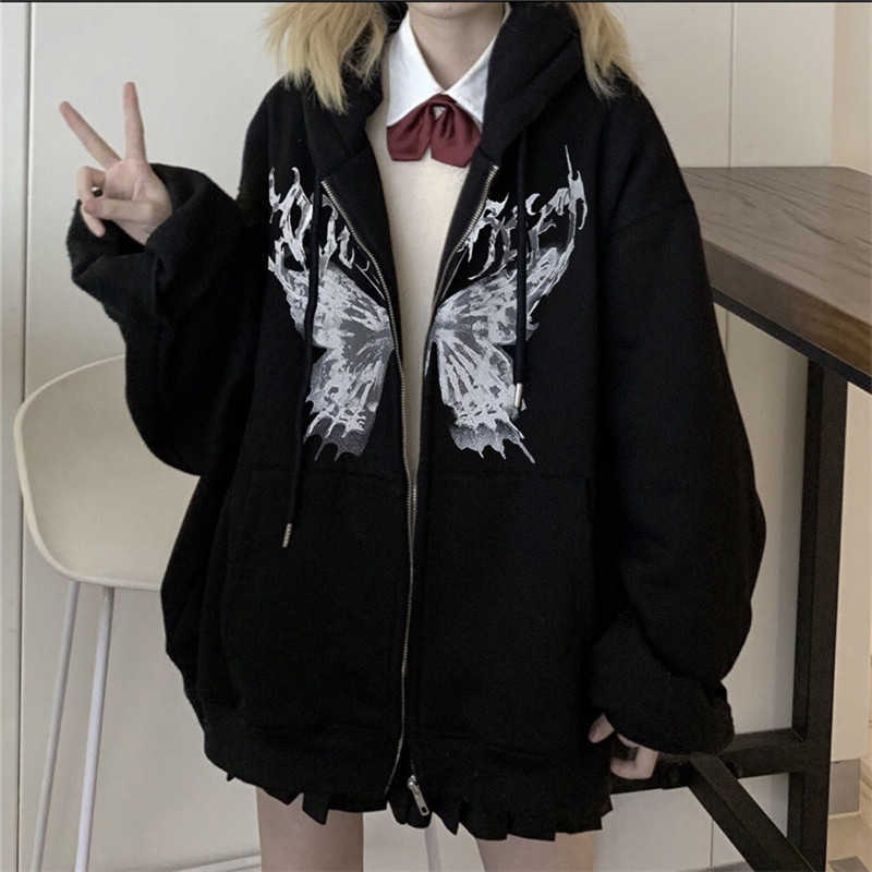 

Women' Hoodies Sweatshirts Y2k Harajuku Women Autumn Winter Hip Hop Zipper Butterfly Aesthetic Hooded Sweatshirt Female Goth Punk Jacket Coat Y2302, Ea02313-black