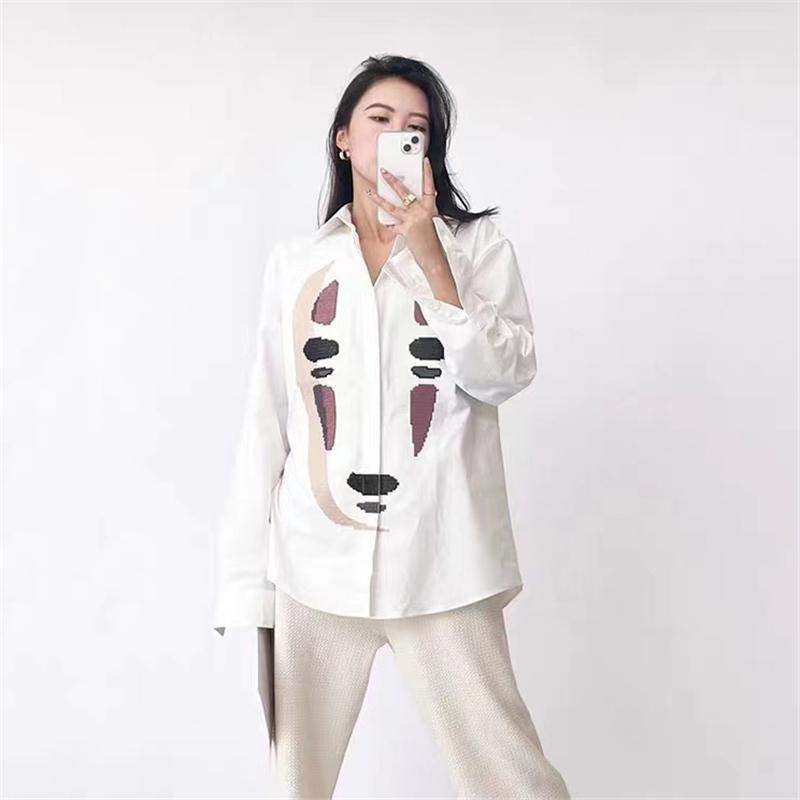

Women' Blouses & Shirts Big-name Summer Cotton Lapel Cartoon Anime Embroidery Long-sleeved Shirt Fashion Casual Flocking Loose, White