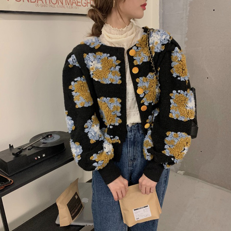 

Women's Jackets 3D Flowers Vintage 2023 Spring Women Fashion Single Breasted Long Sleeve Wool Coat Korean Short Tops Outerwear 230202, Black