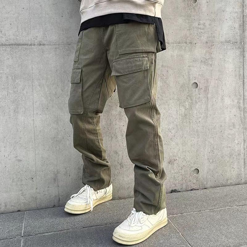 

Men's Pants Harajuku Multi-pockets Straight Flare Mens High Street Elastic Waist Solid Loose Casual Cargo Hip Hop Baggy Trousers, Black