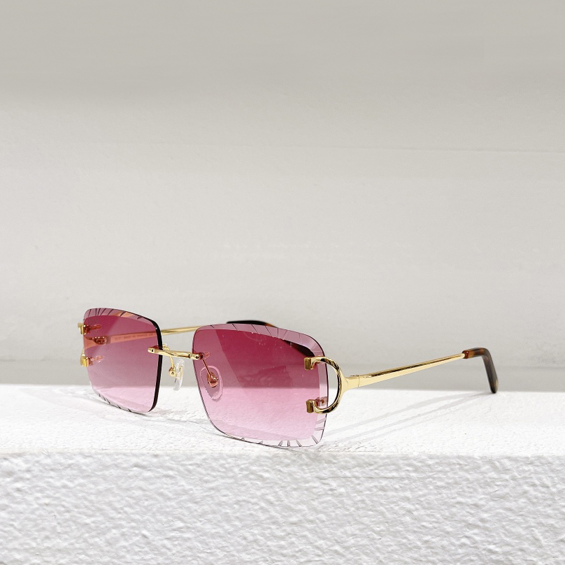 

Vintage Rimless Sunglasses for Men Gold Metal Cut Lens Pink Gradient Glasses Sunnies Summer Fashion Sun Shades Sonnenbrille UV400 Protection Eyewear with Case
