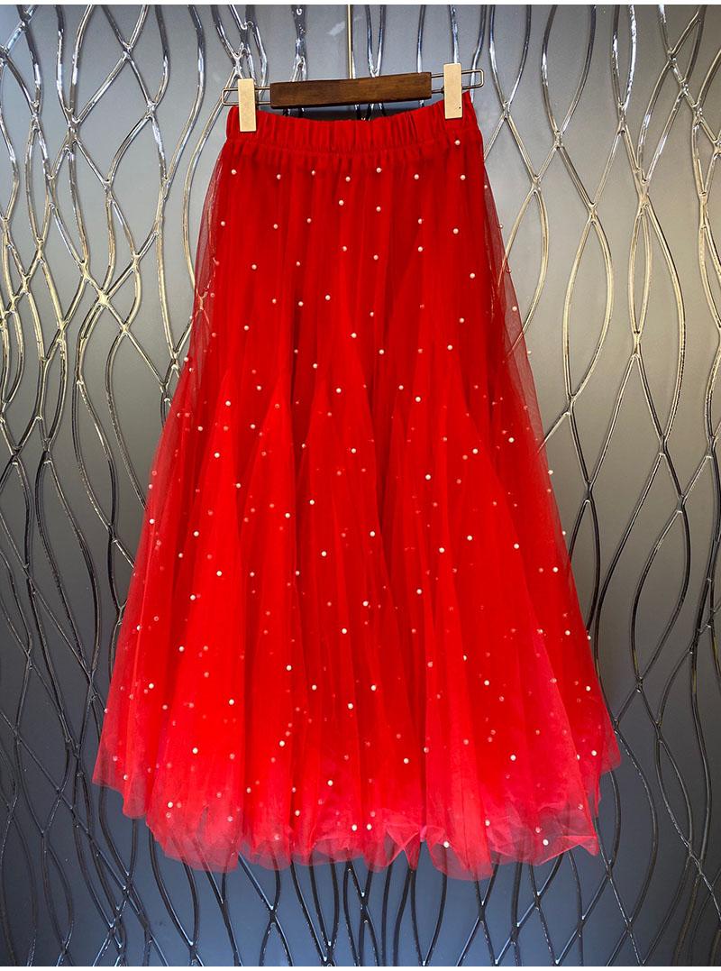 

Skirts High Quality Long Skirt 2023 Spring Summer Women Hand Made Beading Deco Casual Pink Red Black Khaki Maxi, White