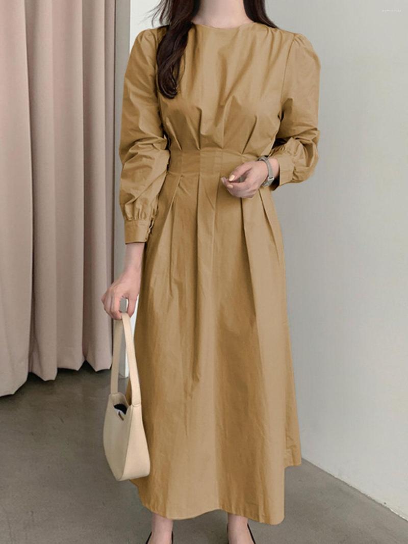 

Casual Dresses VONDA Elegant Party Dress Long Sleeve Solid Color Pleated Robe Femme 2023 Summer Women Baggy Evening O Neck Loose Vestido, Beige