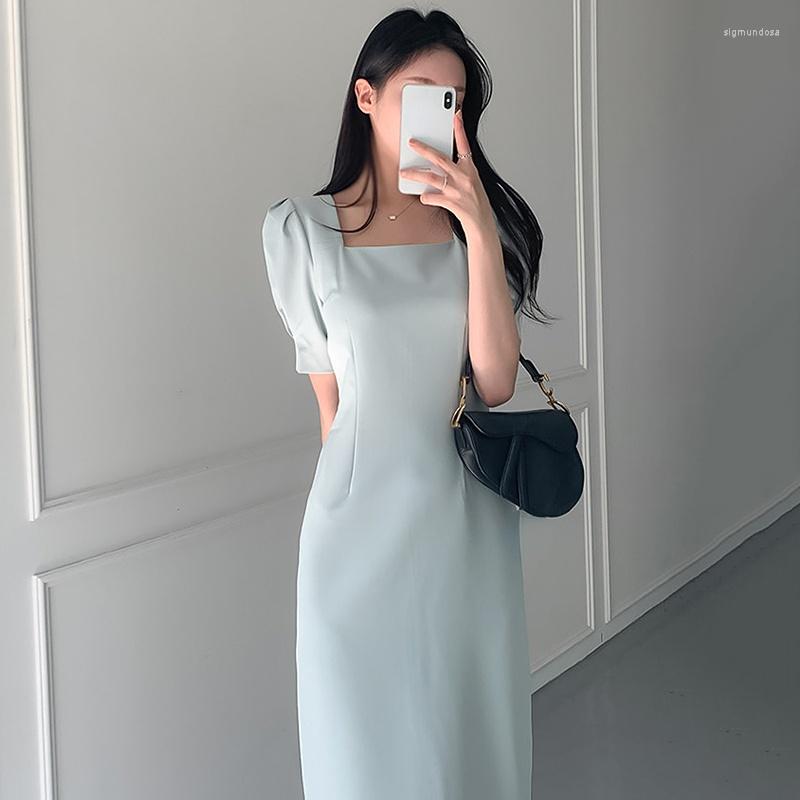 

Casual Dresses Vestidos De Mujer Slim Square Pleated Waist Long Split Puff Hip Wrap White Short Sleeve Dress Women Elegant Office Lady