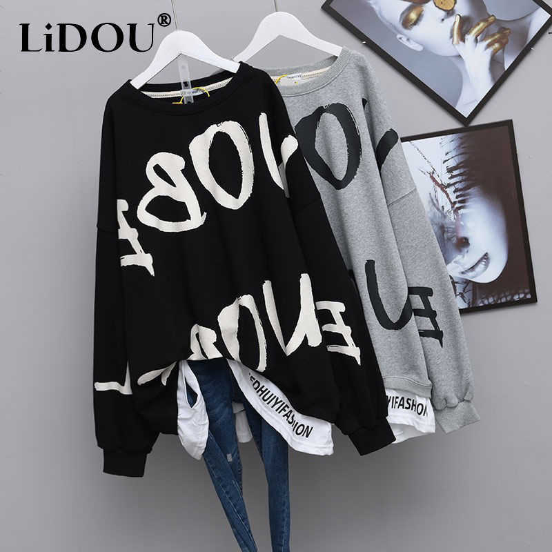 

Women's Hoodies Sweatshirts Autumn Letter Print Oversized Loose Casual Cotton Sweatshirt Female Streetwear Y2K Pullover Broken Hole Design All Match Jumpers Y2302, Black