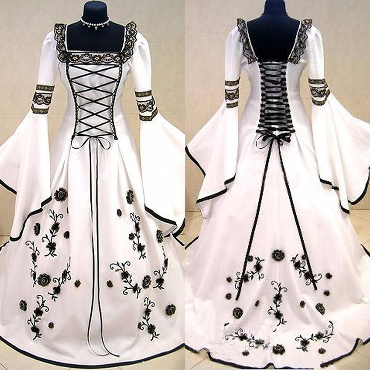 Vintage Victorian Black And White Wedding Dress Square Neck Lace-up Plus Size Gothic Bride Gown Flare Long Sleeves A Line Satin Bridal Dresses Lace