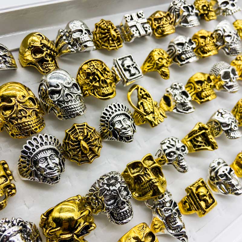 

20pcs Wholesale Big Gothic Punk Skull Antique Silver Golden Vintage Rings Mixed Style Fashion Jewelry