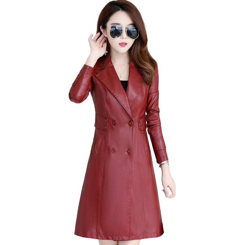 

Women's Leather & Faux Autumn Winter Long Jacket Women Plus Size 5XL Casual Slim Coat Cotton Thick Windbreaker, Red