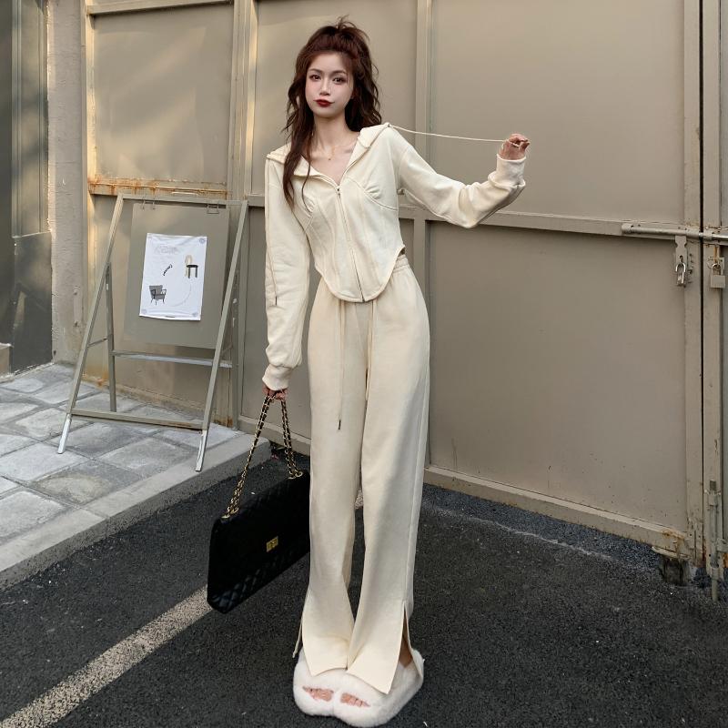 

Women's Two Piece Pants Early Spring Age-reducing Casual Two-piece Retro Y2k Fashion Milk Fragrance Hooded Sweater And Slit Suit WomenWomen', Pants only