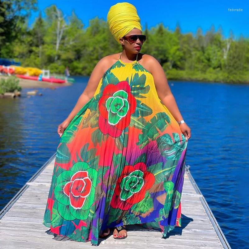 

Plus Size Dresses KEXU Pleated Summer Women Dress O-neck Sleeveless Hater Long Loose Print Casual Sexy Open Back Beach, Pink