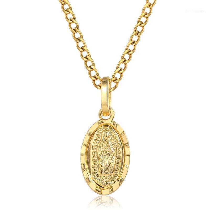 

Chains Chic Mini Virgin Mary Pendant Necklace For Men Women Curb Link Chain Stainless Steel Gold Tone Catholic Christian Gift GP430B21
