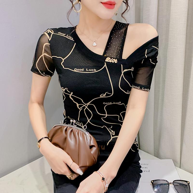 

Women's T Shirts 2023 Summer Mesh Print Top Female Fashion Sexy Off The Shoulder Women -3XL Plus Size Leopard Blusas, Black