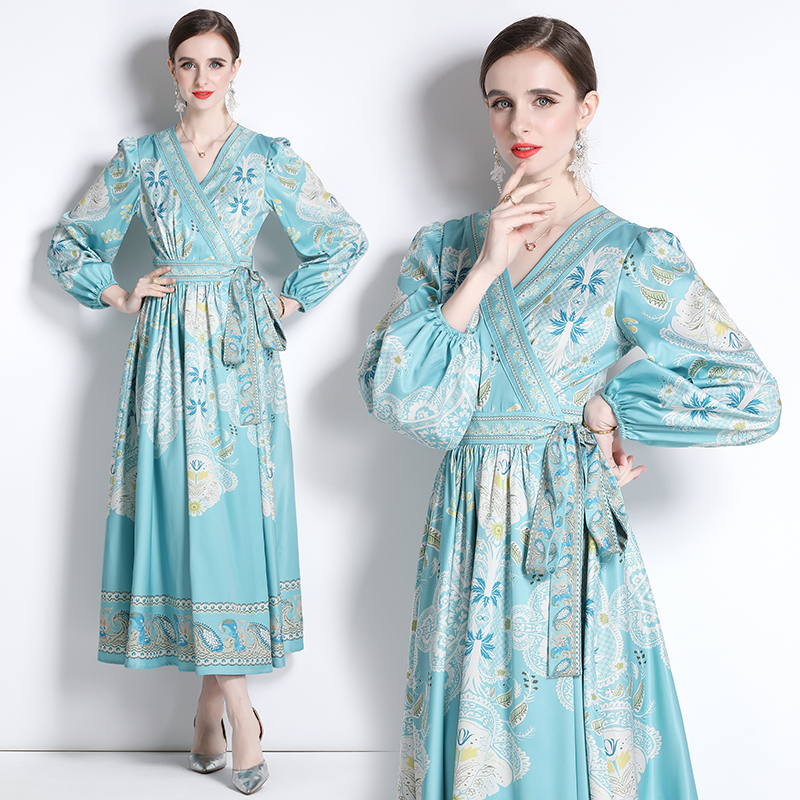 

2023 Lace Up Bow Vintage Wrap Dress Lantern Sleeve V-Neck Slim A-Line Blue Maxi Dress For Special Occasion Spring Autumn Birthday Dinner Vacation Ladies Party Robe, Green