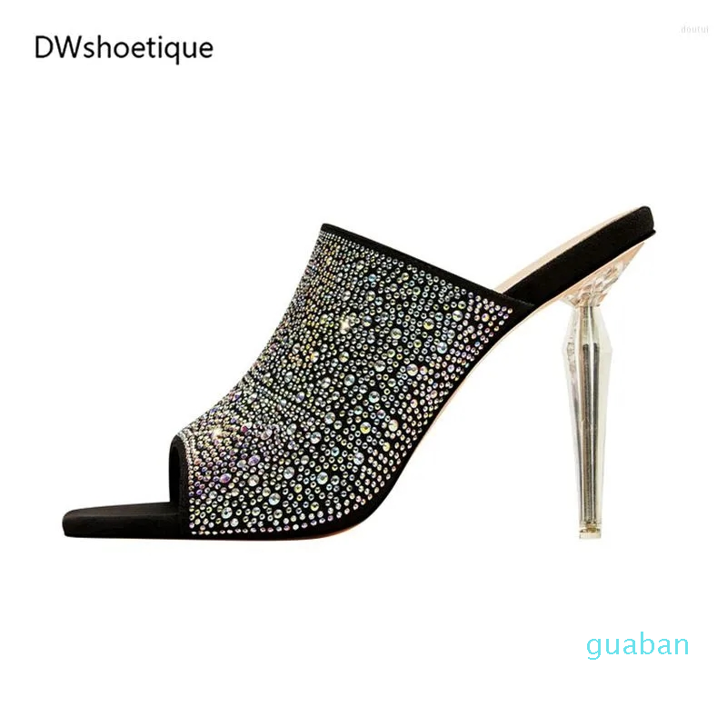 

Slippers Crystal Square Toe Women Slides Clear Heel Slip On Summer, Black