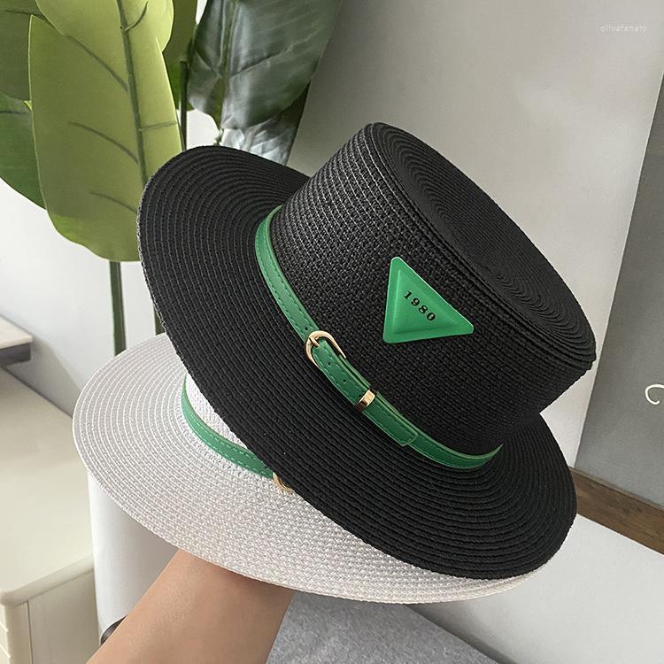 

Wide Brim Hats Summer Travel French Flat-top Straw Hat Fashion Leather Buckle Small Women's Sun Tide Brand Inverted Triangle HatWide Oli, White