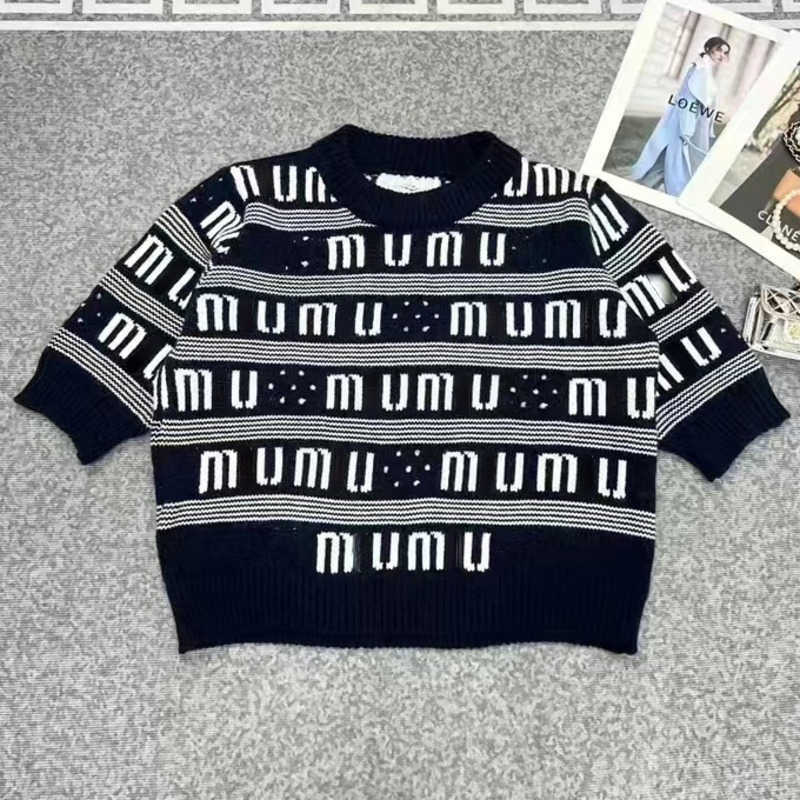 

Summer wool sweater women short-sleeved tshirt letter embroidery knitwear miu designer sweaters womens sports shirt Fashion T-shirt, Black2