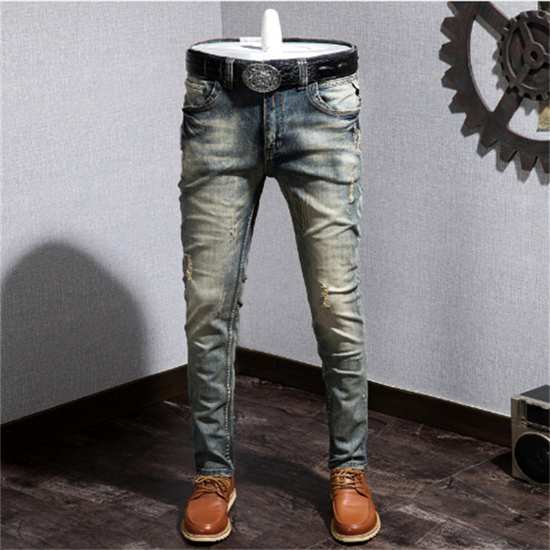 Slim Fit Distressed Men's Motorcycle Denim Jeans Vintage Nostalgia in Modern Design