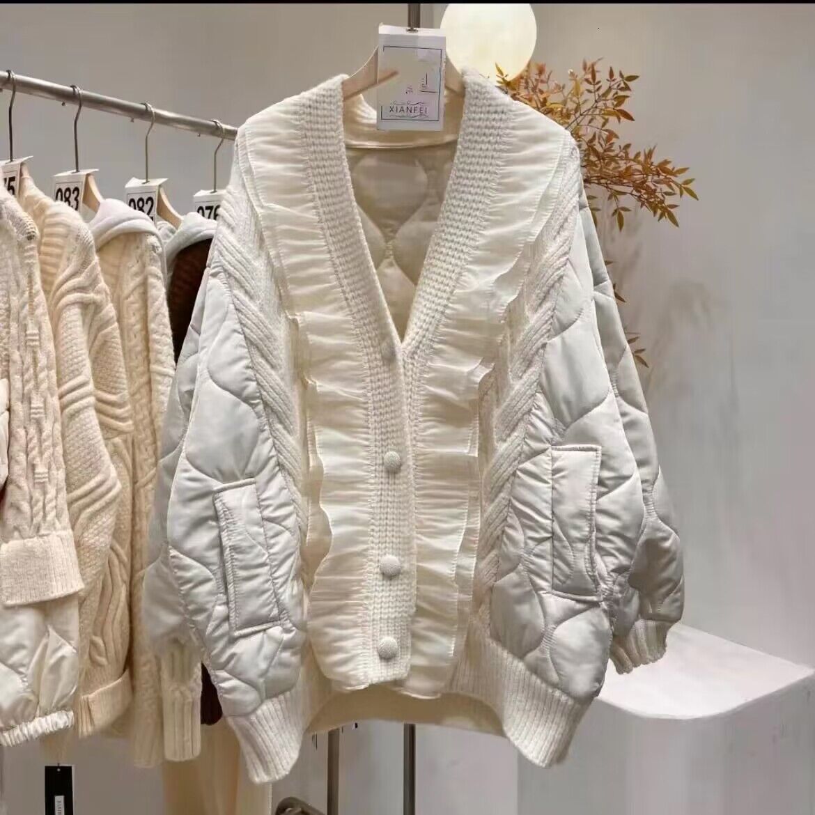 

Women's Jackets Winter Vneck Lace Sweater Patchwork Cotton Coat 230202, Khaki