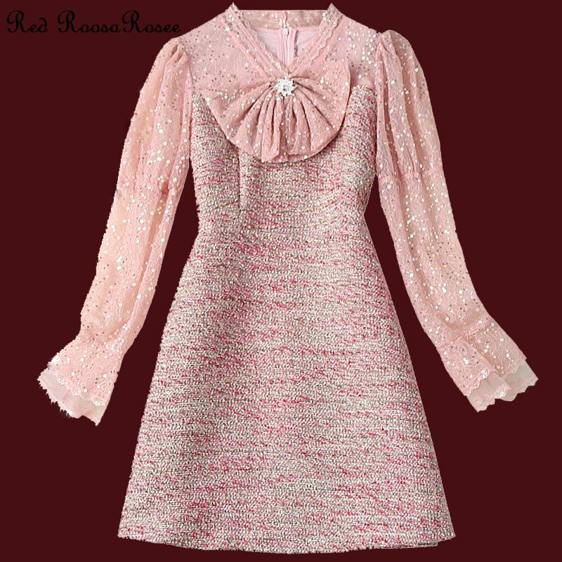 

Casual Dresses Red RoosaRosee Fashion Spring Summer 2023 Women V-neck Collar Long Sleeve Sequins Lace Tweed Short Dress Vestidos Robe Femme, Color