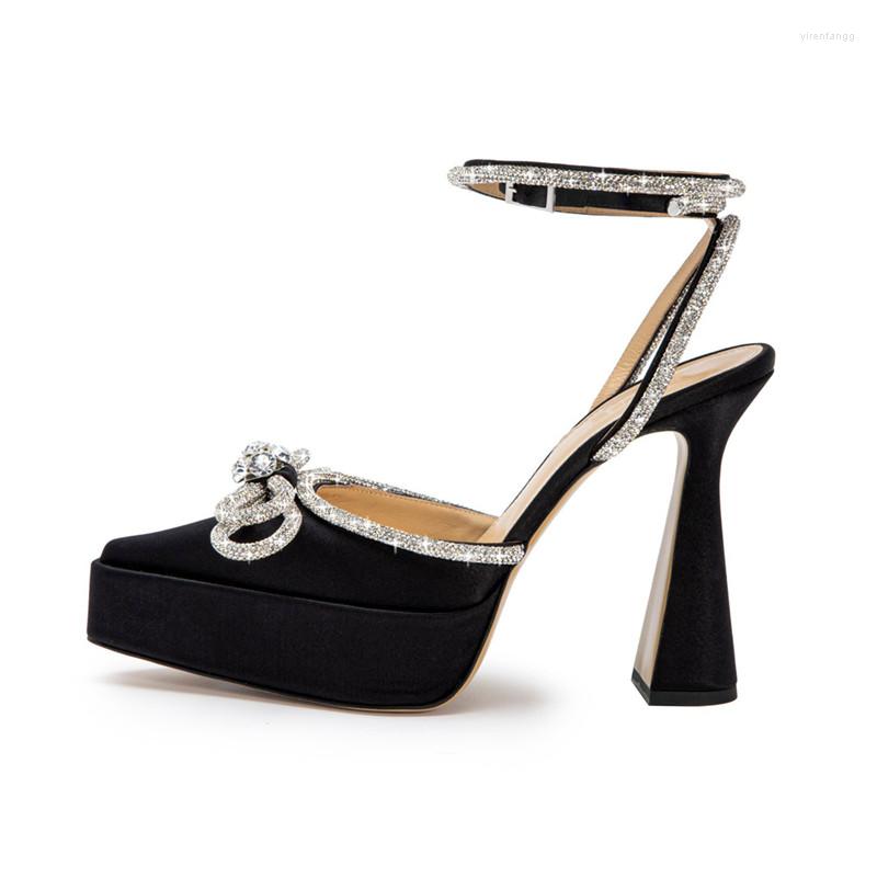 

Dress Shoes Summer Rhinestone Bow Satin Sandals High-heeled Pointed-toe Thick-bottomed Platform Sexy Strappy Roman Women's, Black