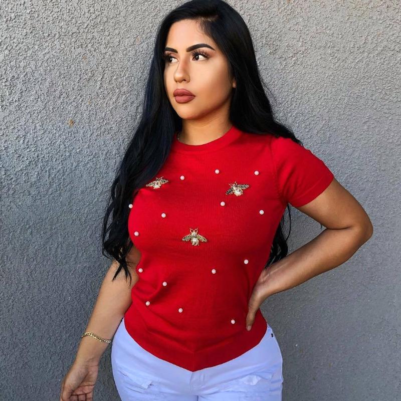 

Women' T Shirts Summer Shirt Women Pearl Bee Rivet Casual Round Neck Short Sleeve Top ShirtsWomen, Blue