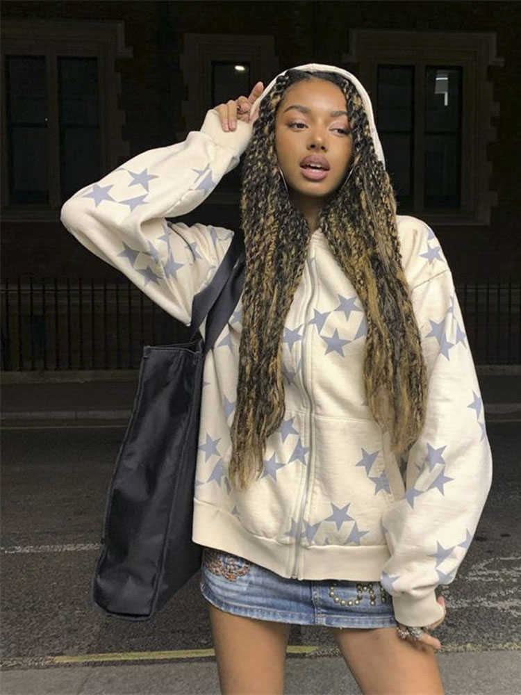 

Women's Hoodies Sweatshirts Goth Star Print Women High Street Harajuku Retro Zip Up Hoodie Loose Casual Y2k Grunge Sweatshirt Clothes Tops Y2302, Black