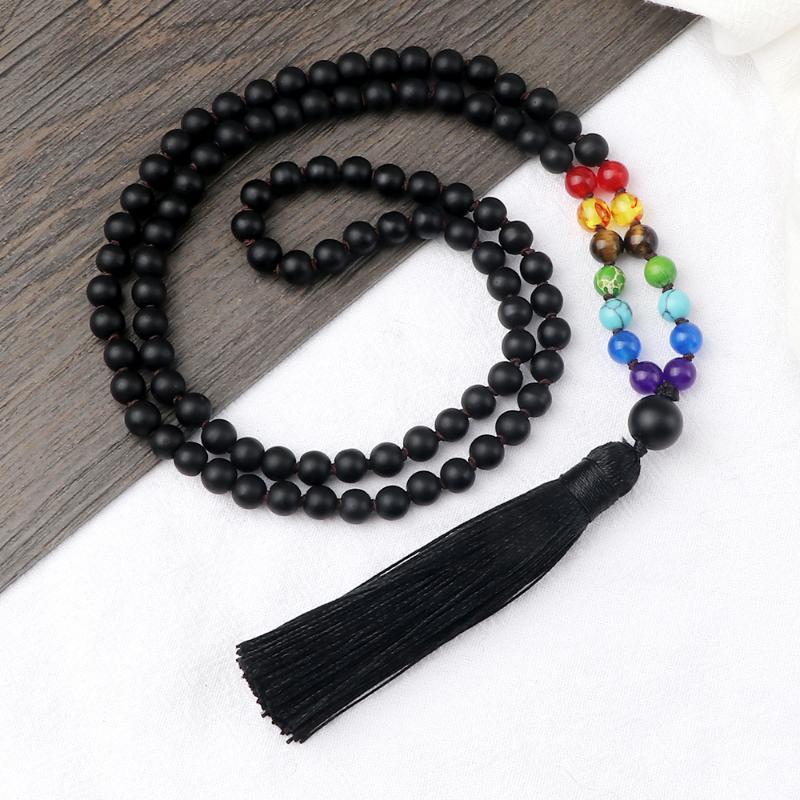 

Pendant Necklaces 7Chakra Black Matte Beaded Bracelet Prayer 108 Beads Meditation Tassel Necklace&Bangles Jewelry Gift For Friend